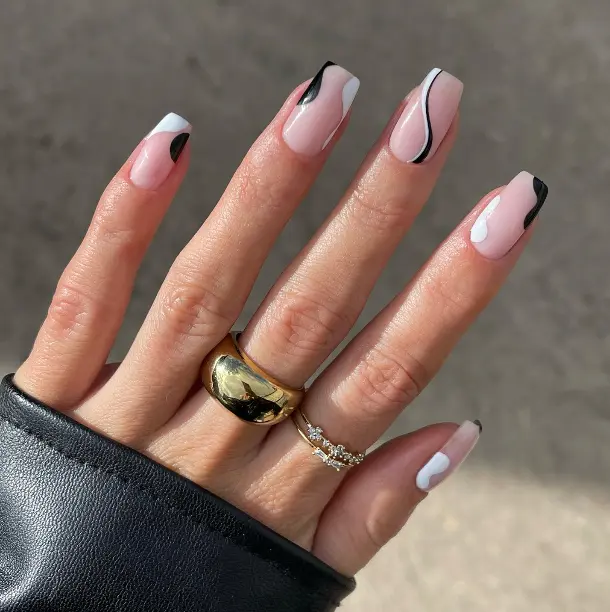 Black & White Wave Art Nails Designs Semi Cured Gel Nail Strips