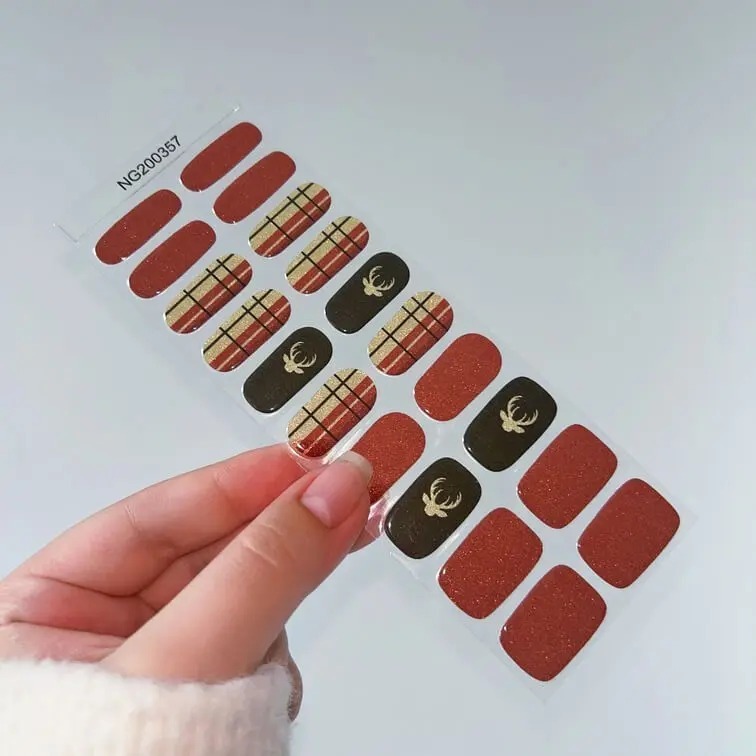 Sparkling Cute Elk Christmas Nails Designs Semi Cured Gel Nail Strips