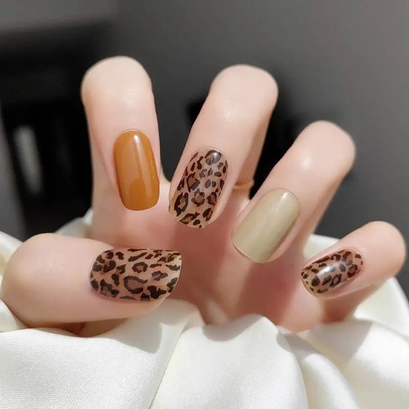 Classic Leopard Mix Nails Designs Semi Cured Gel Nail Strips