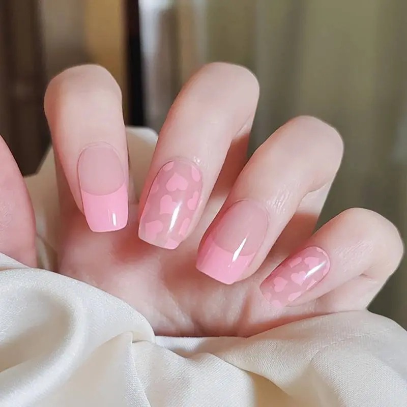 Pink French Nail With Hearts Valentine's Day Nails Semi Cured Gel Nail Strips