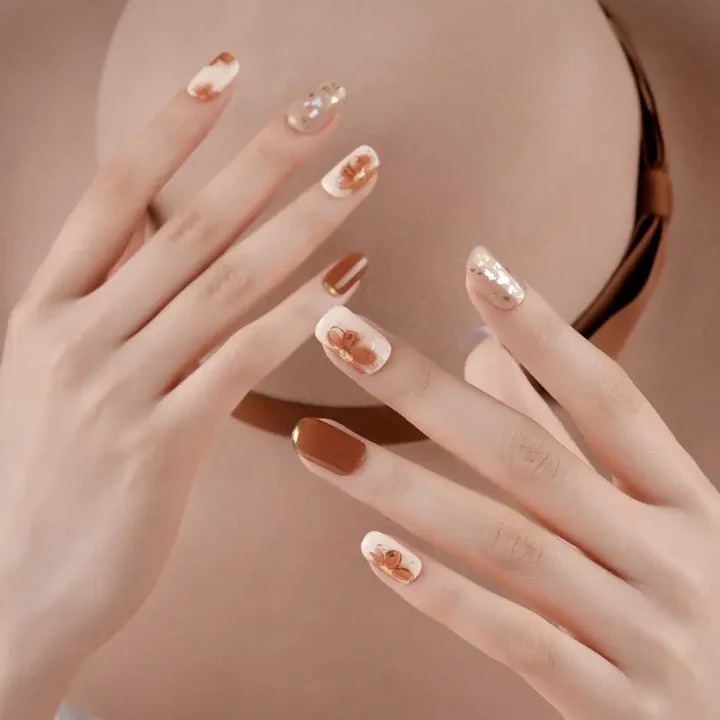 Autumn Floral Brown Nails Designs Semi Cured Gel Nail Strips