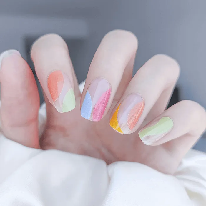 Pastel Breeze Gel Nail Wraps with minimalist and colorful pastel design for spring manicures.