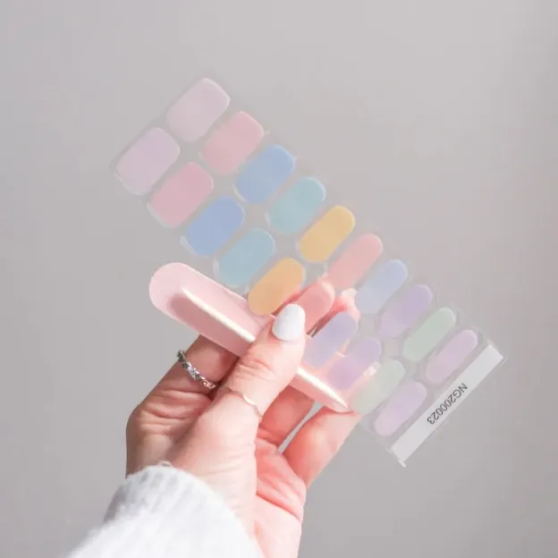 Pastel Rainbow Gel Nail Wraps with a colorful gradient design, perfect for a fresh and cheerful manicure.