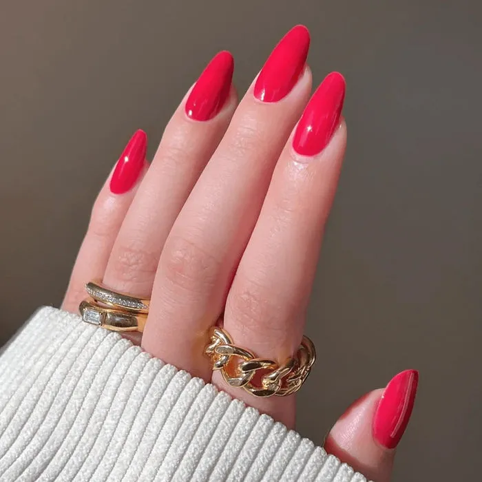 Radiant Ruby Gel Nail Wraps with a vibrant red glossy finish, offering a bold and elegant manicure at home.