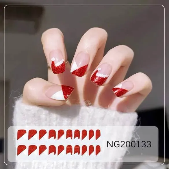 Santa Hat Christmas Gel Nail Wraps with red glitter and white details, perfect for festive manicures during the holiday season.