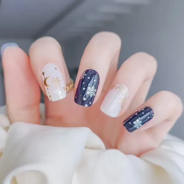Starry Night Snowflake Gel Nail Wraps featuring navy blue and gold celestial designs with snowflakes, perfect for winter and holiday manicures.