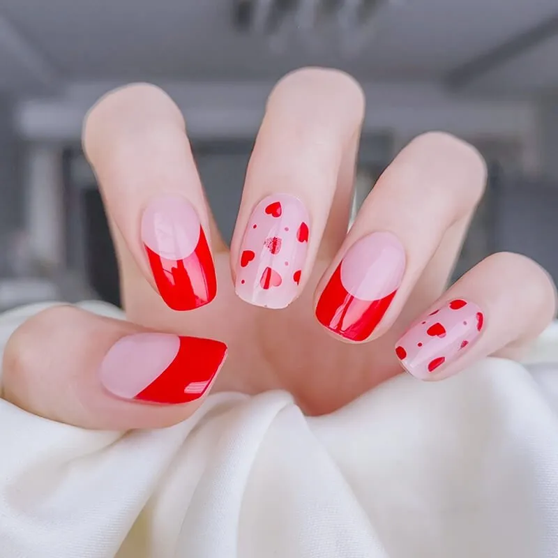 Valentine's Love Heart Gel Nail Wraps featuring a romantic red and pink heart design for a perfect manicure.