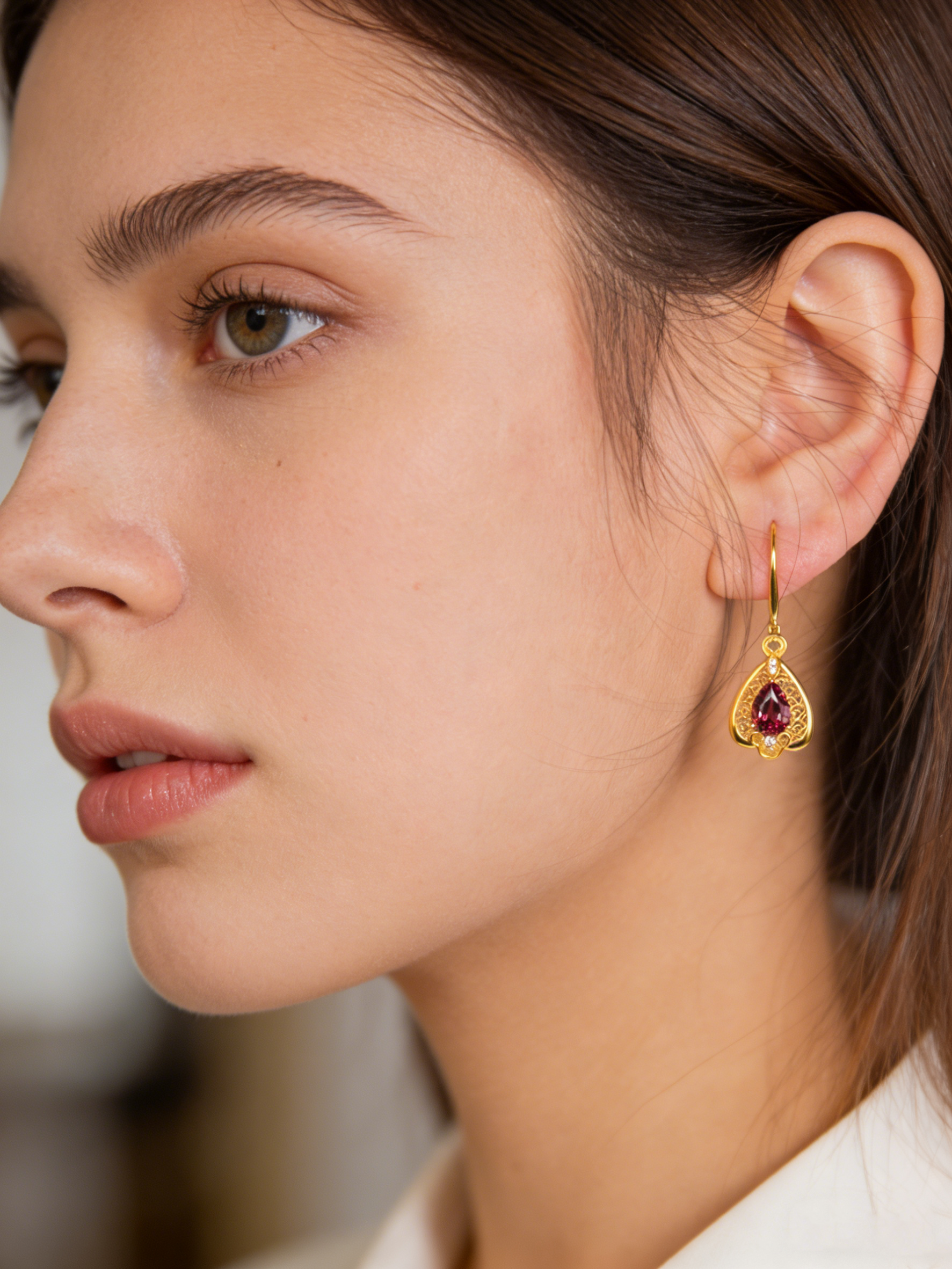 18K Yellow Gold Garnet Zircon Earrings "Attracting Wealth and Good Fortune" Series – C2504036862