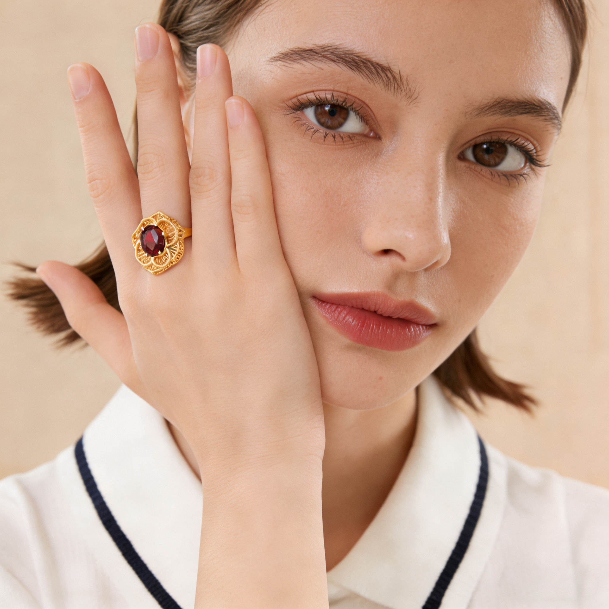 18K Yellow Gold Garnet Zircon Ring "Attracting Wealth and Good Fortune"