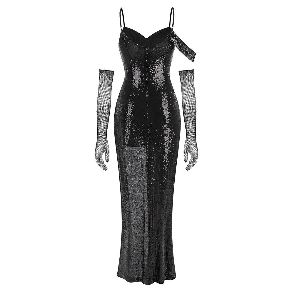 Black Sequin Cold-Shoulder Gown with Fishnet Gloves