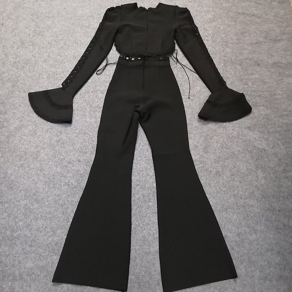 Lace-Trimmed Bell-Sleeve Crop Top + High-Waisted Flared Pants Set (Black & White)