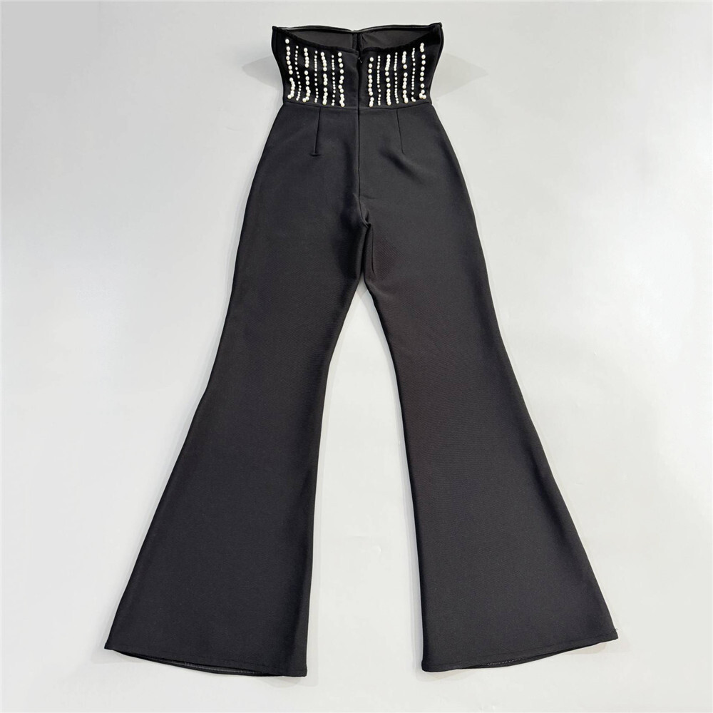 Black Pearl-Embellished Strapless Bustier & Flared Wide-Leg Pants Set