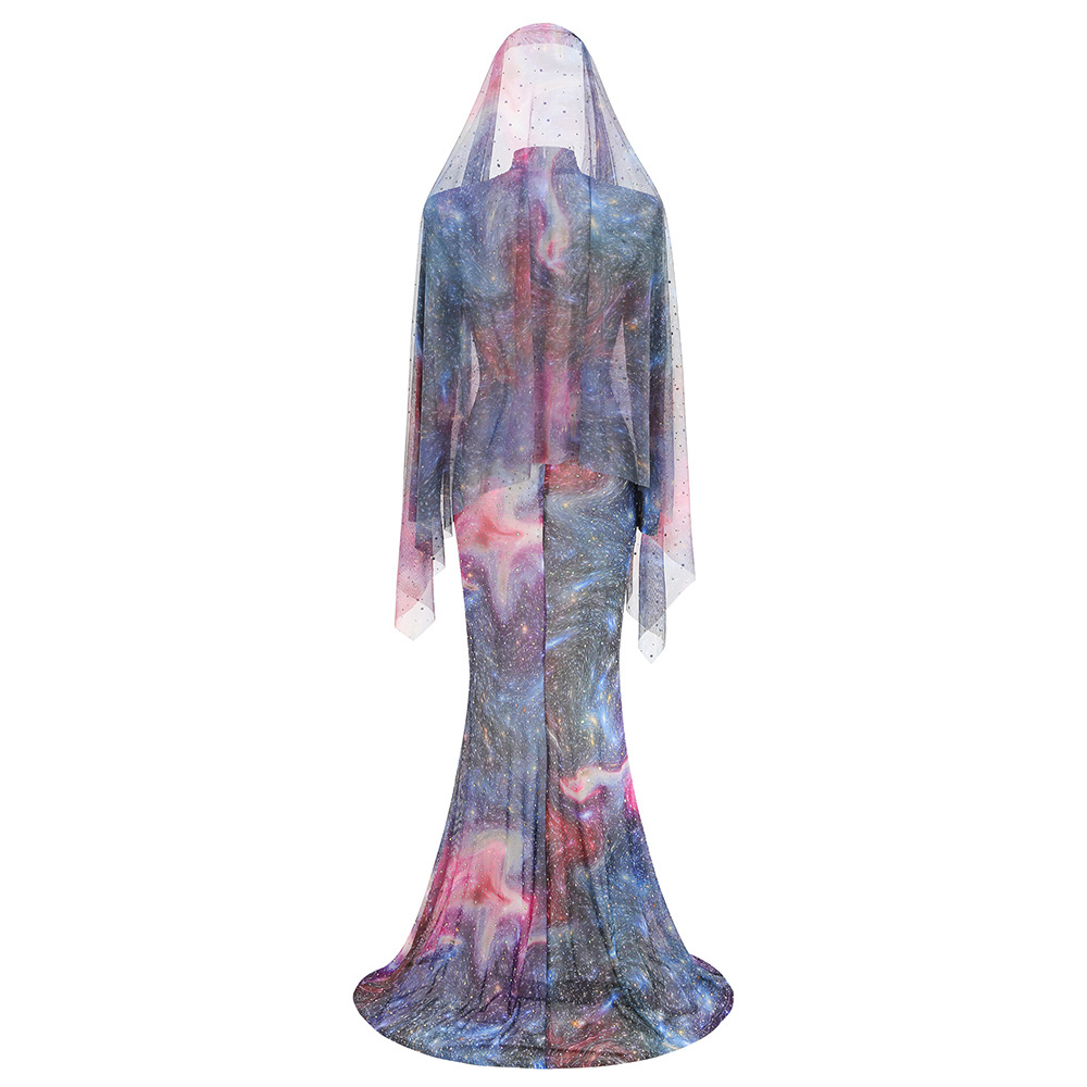 Cosmic Print Long-Sleeve Gown with Tulle Veil