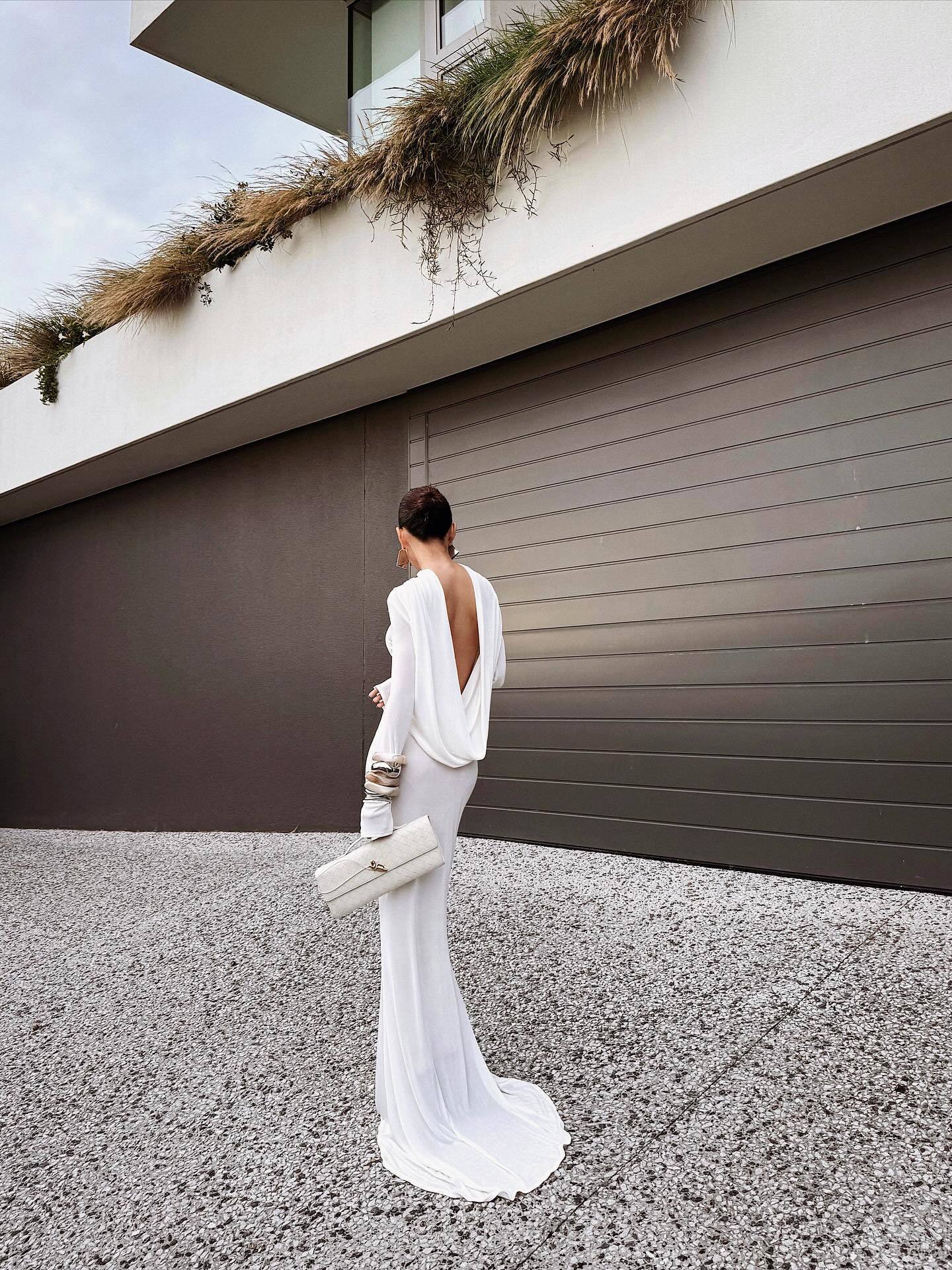 White One-Shoulder Drape-Back Maxi Gown