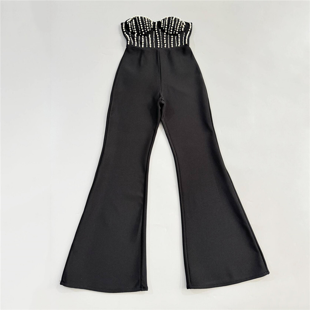 Black Pearl-Embellished Strapless Bustier & Flared Wide-Leg Pants Set