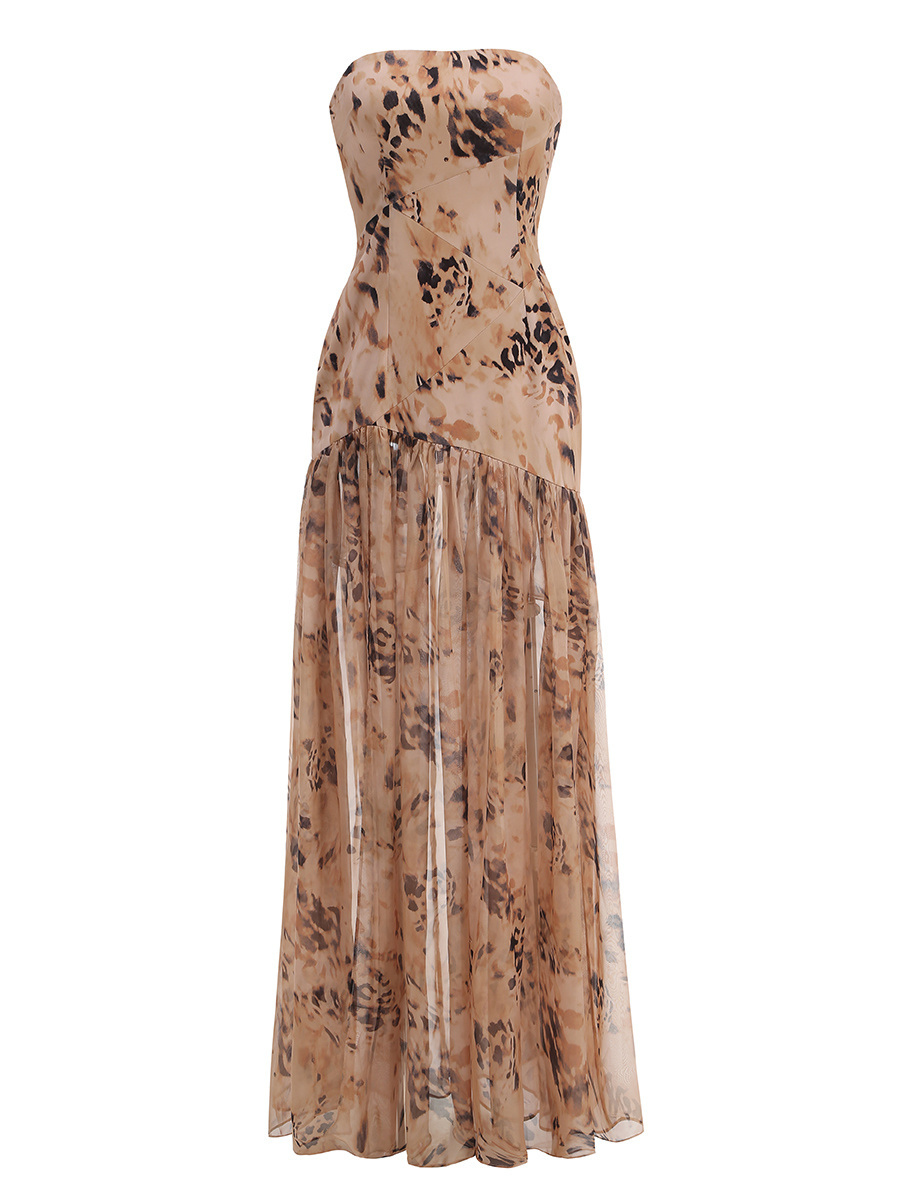 Leopard Print Strapless Sheer Maxi Gown