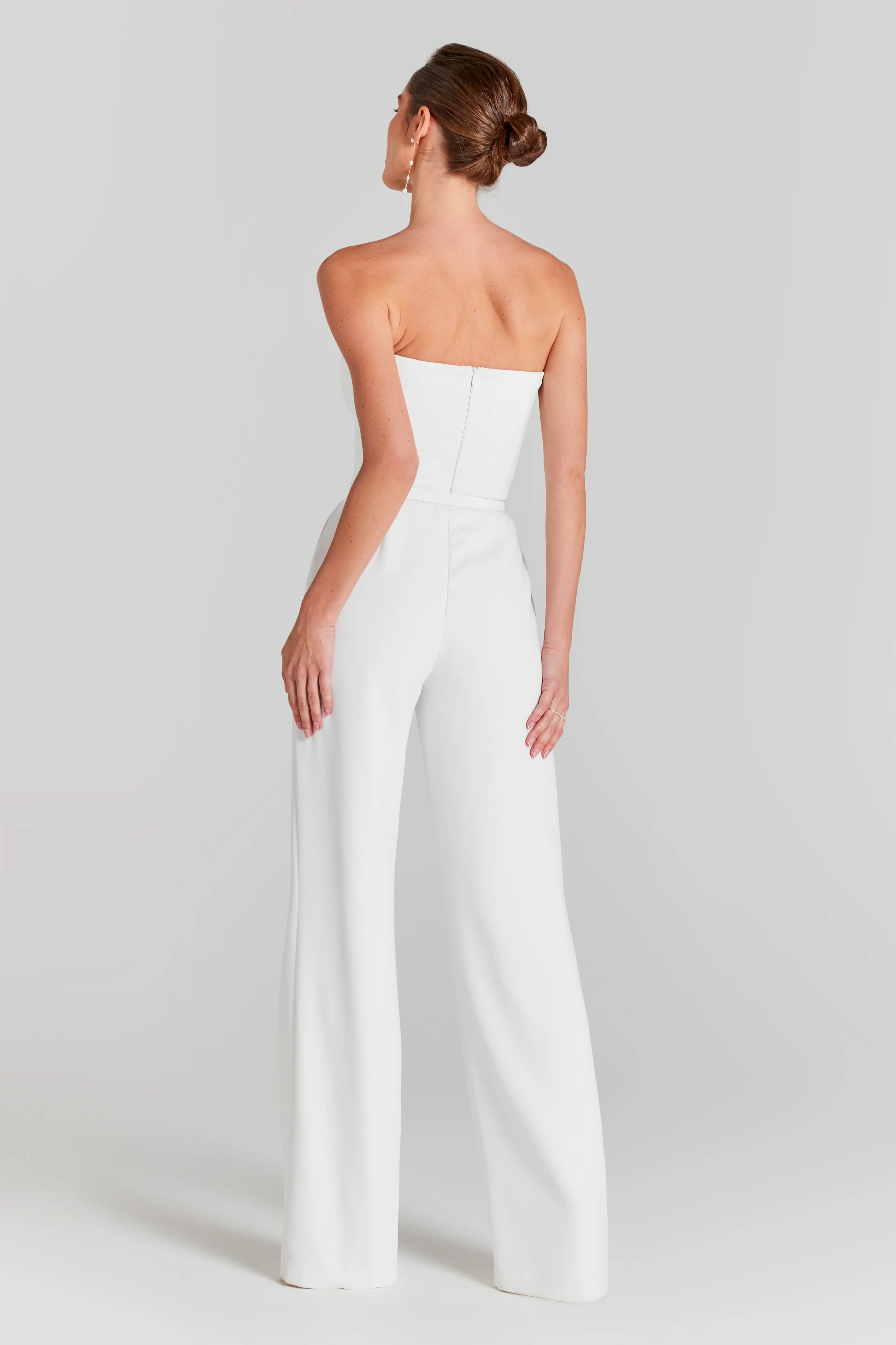 White Strapless Wide-Leg Jumpsuit with Pearl-Embellished Mesh Bodysuit Set