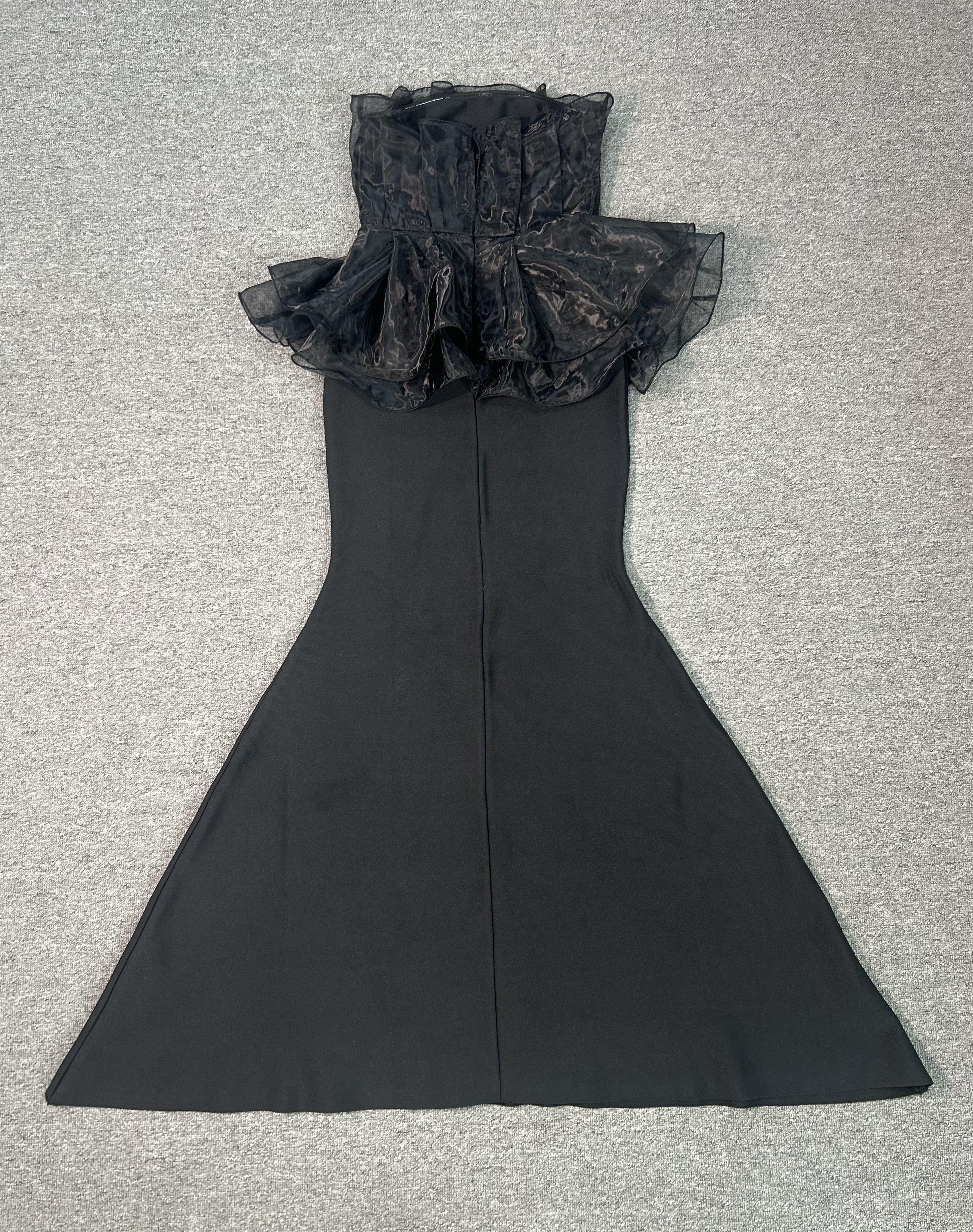 Black Strapless Tulle Ruffle Peplum Mermaid Gown