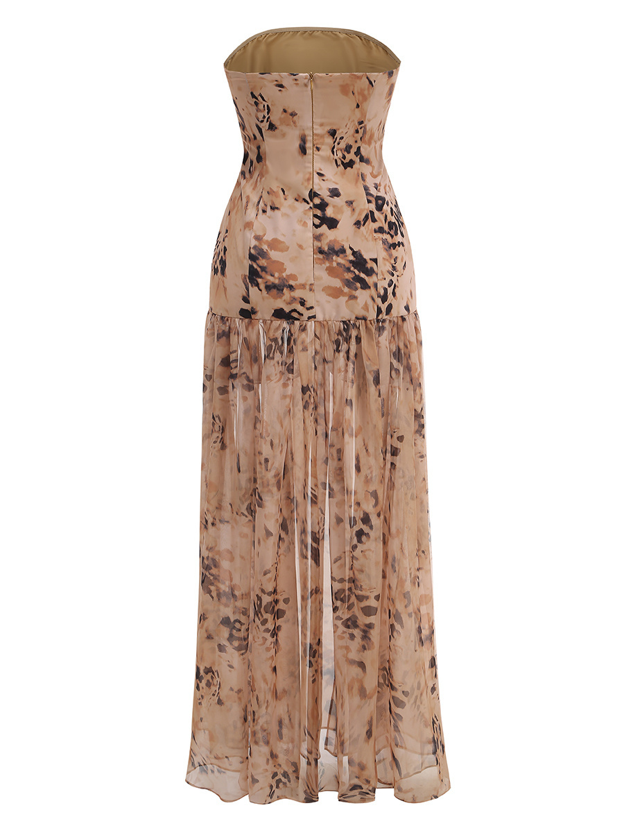Leopard Print Strapless Sheer Maxi Gown