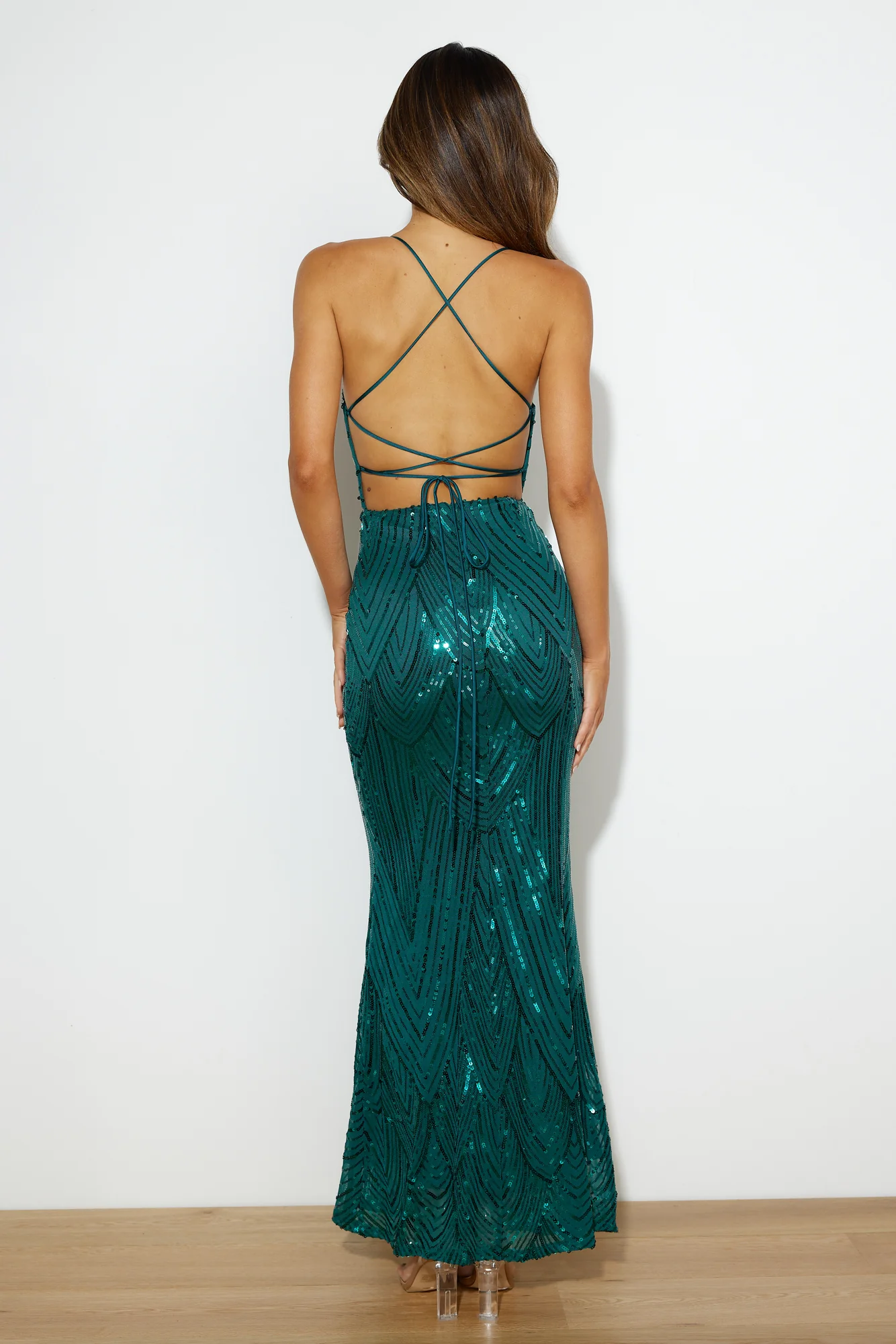 Sparkling sequined sleeveless evening gown