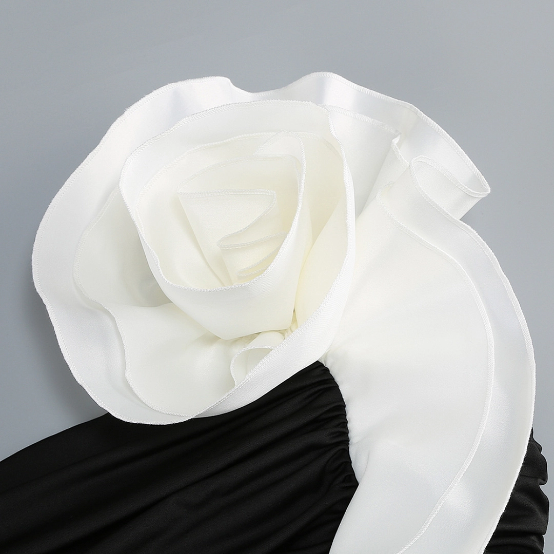 Black Satin A-Line Evening Gown with Sequin V-Neck & Chapel Train