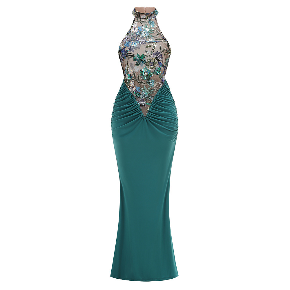 Teal/Pink/Red Halter Neck Floral Sequin Gown