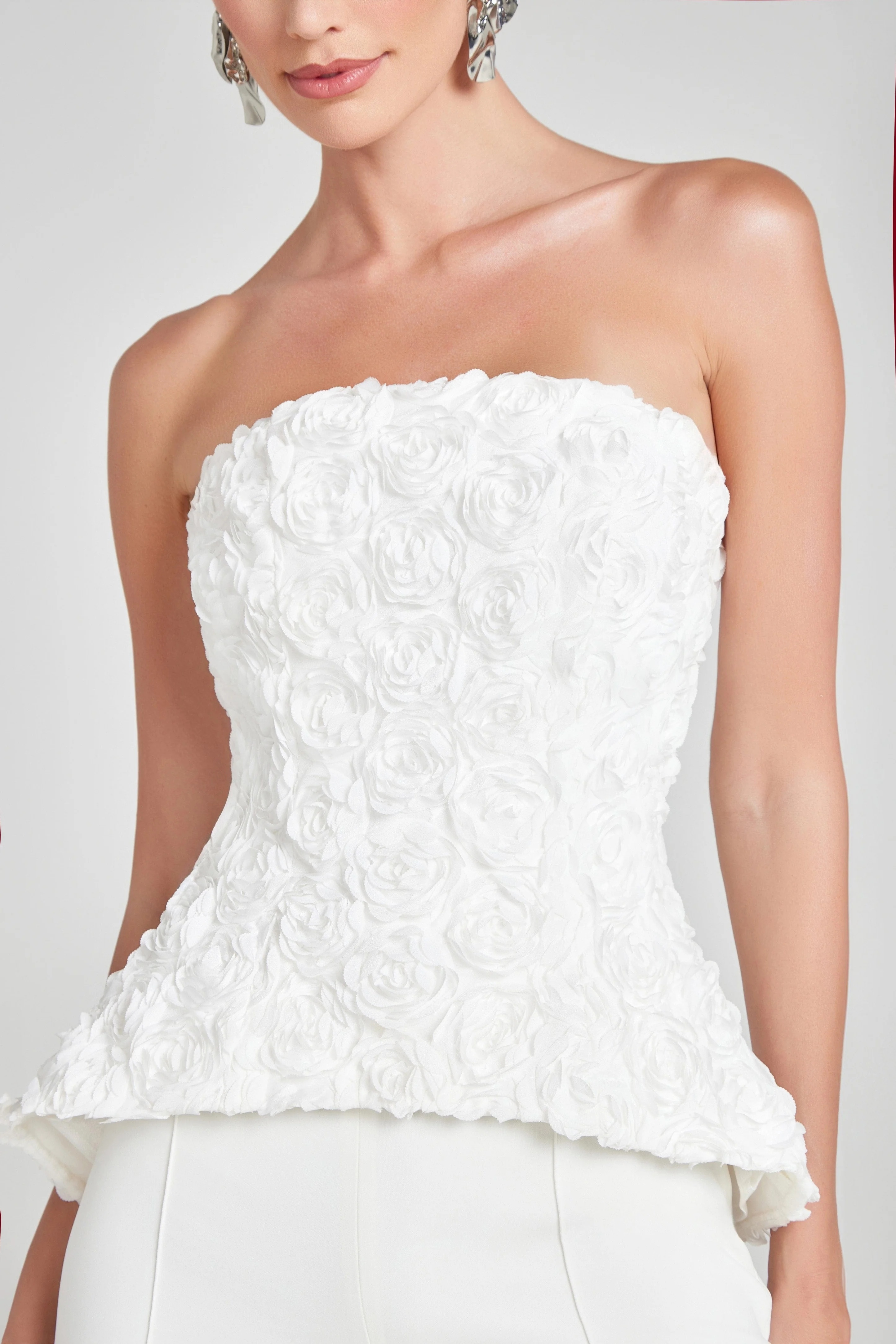 White Textured Rose Strapless Peplum Top & Wide-Leg Pants Set