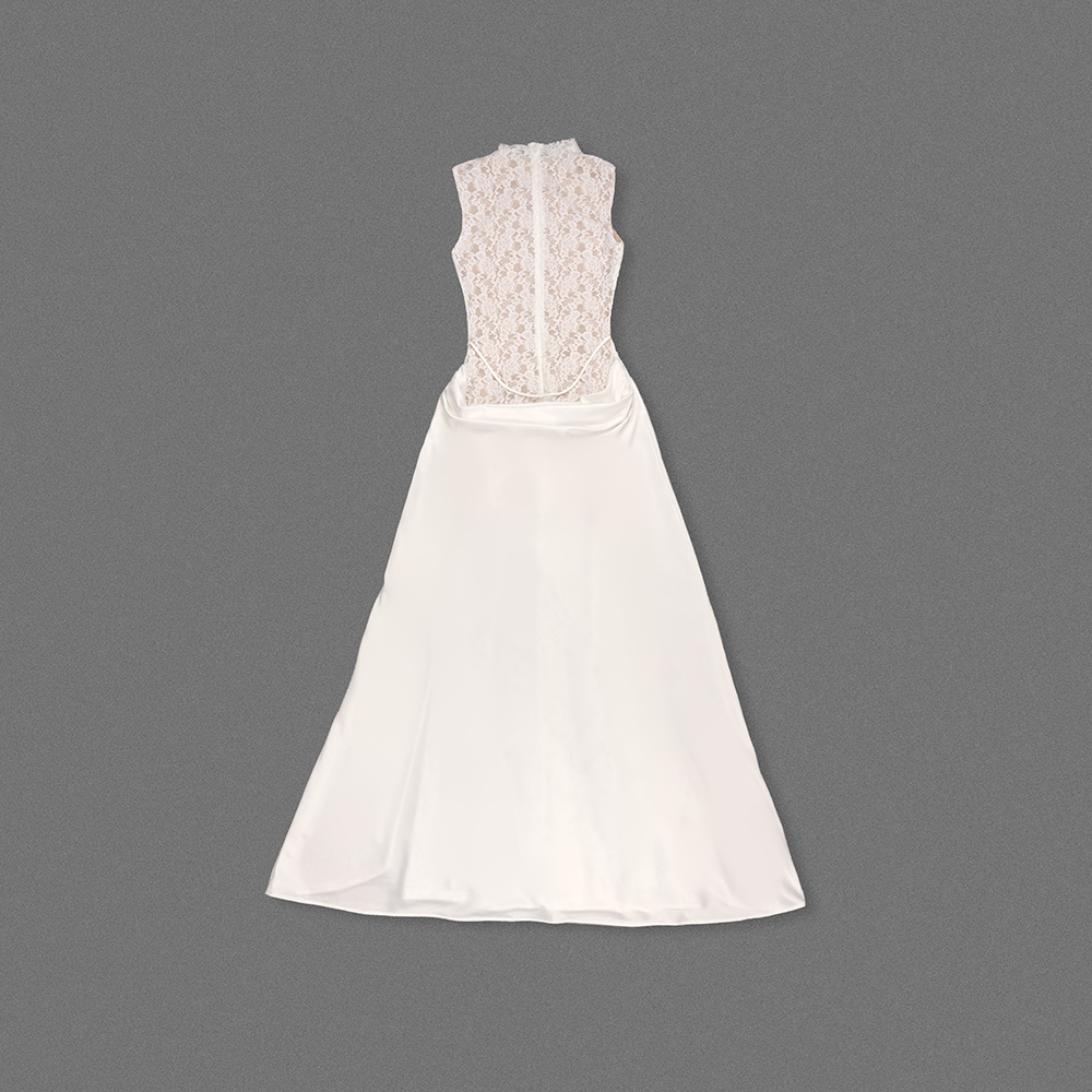 White Lace High-Neck Satin-Accent Evening Gown