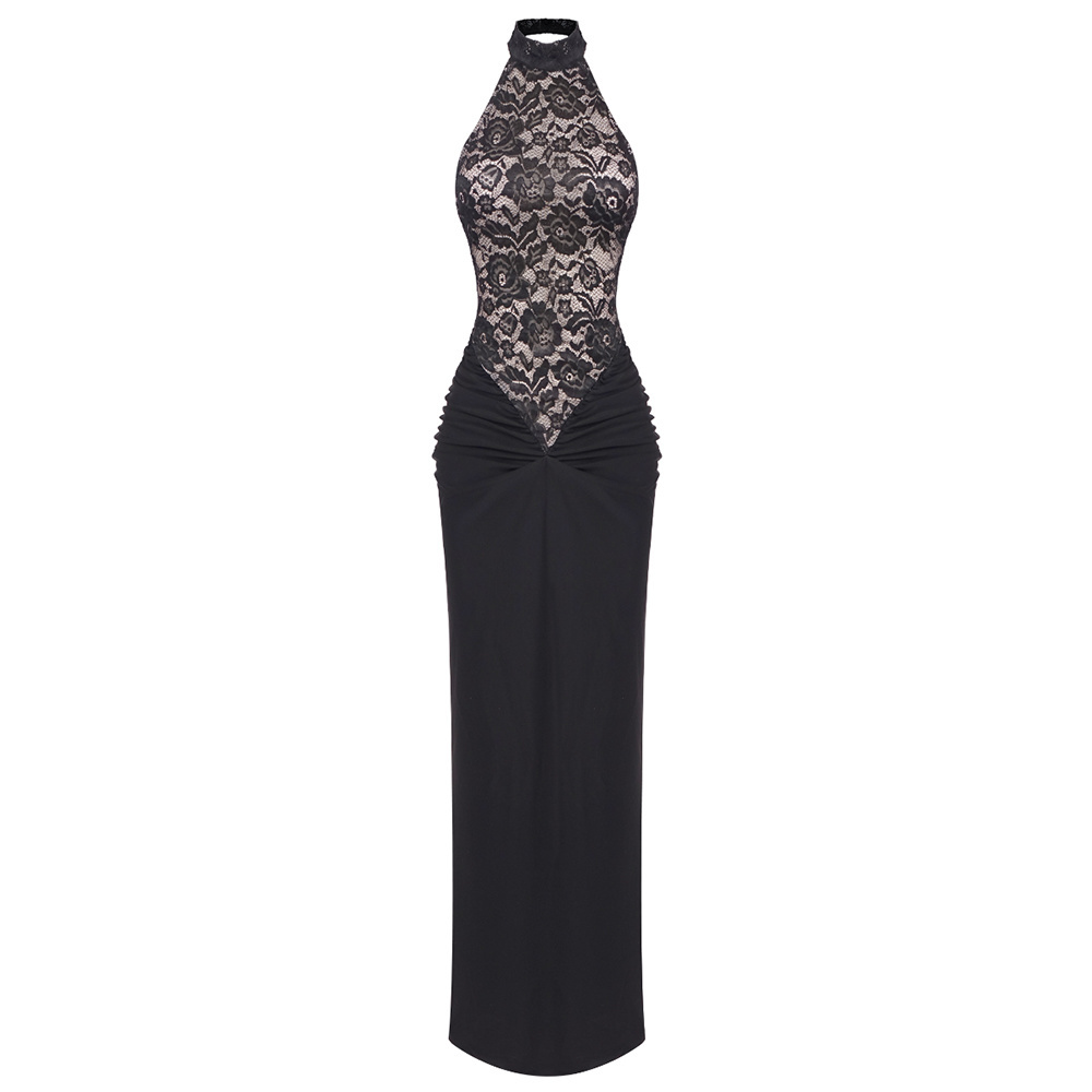 Black Lace Halter Velvet Gown