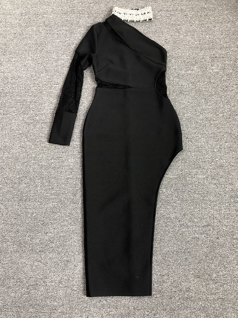 Black One-Shoulder Lace Midi Dress