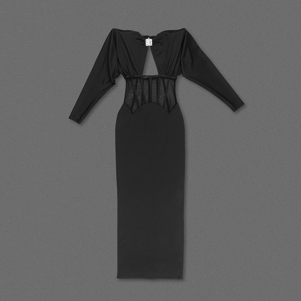 Black Puff-Sleeve Cutout Mesh-Corset Maxi Gown