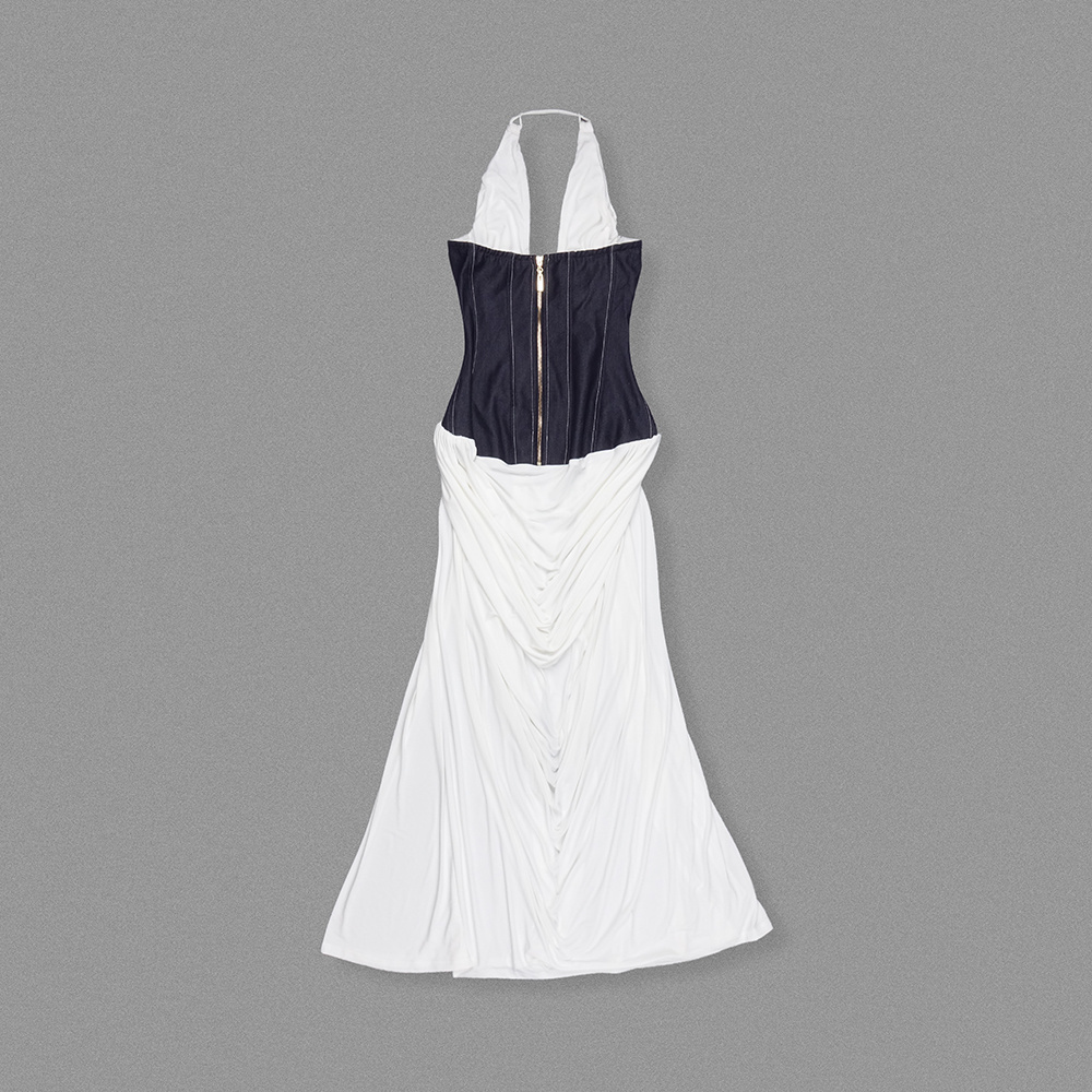 White Halter Deep V Denim Corset Draped Maxi Gown