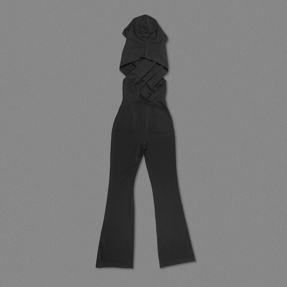 Luxury Black Hooded Halter Backless Wide-Leg Jumpsuit