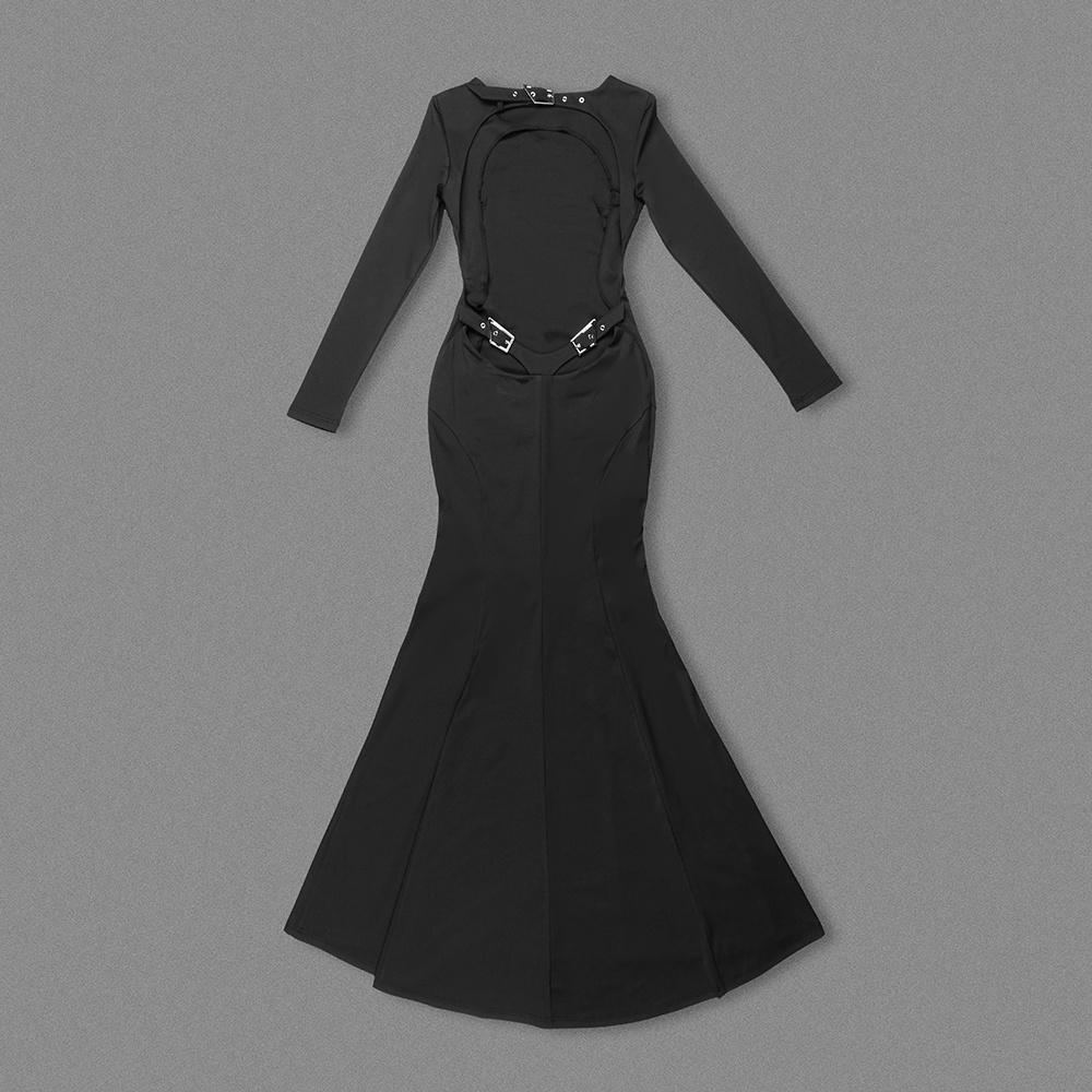 Black Long-Sleeve Open-Back Buckle-Embellished Mermaid Gown