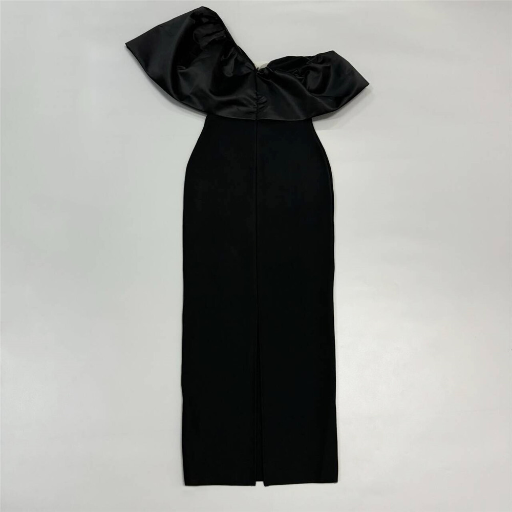 Black Velvet One-Shoulder Oversized Ruffle Gown