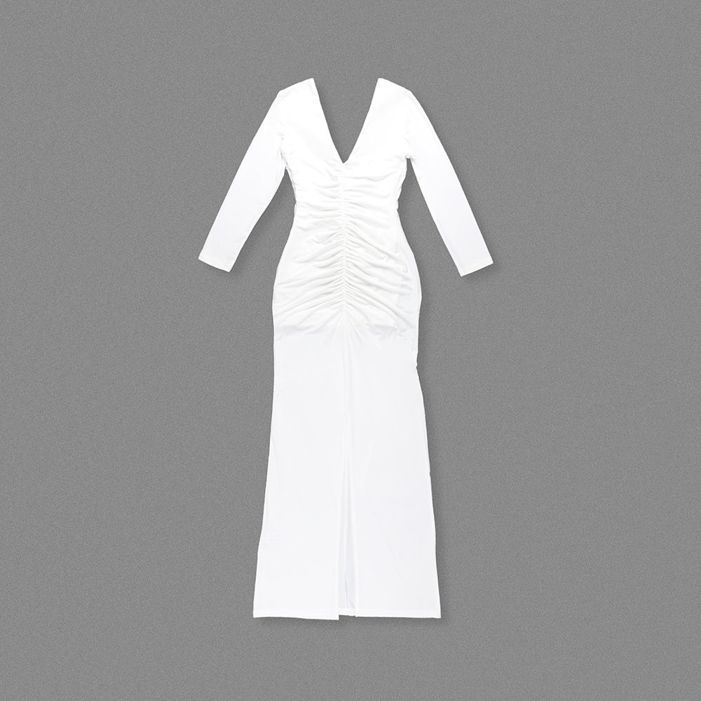 White long-sleeved deep V-neck pleated dress