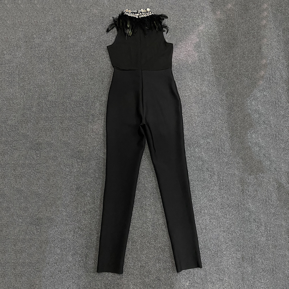 Black Crystal Choker & Feather-Trimmed Mesh Skinny Jumpsuit