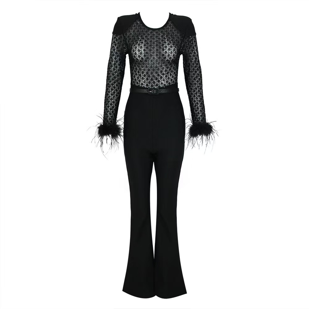 Black Lace Sequin Jumpsuit with Feather Cuffs & Wide-Leg Pants