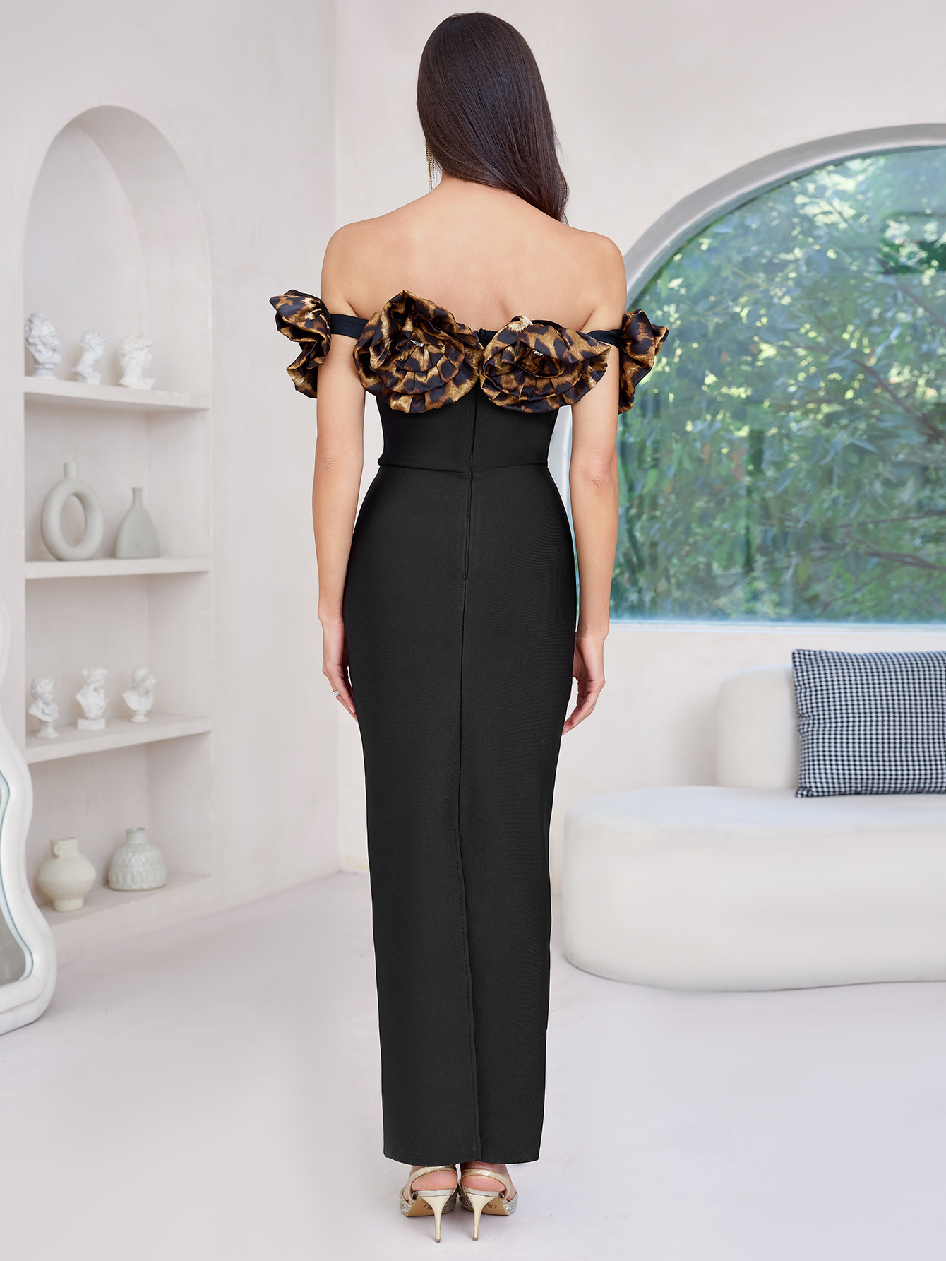 Black Off-Shoulder Leopard Ruffle Gown