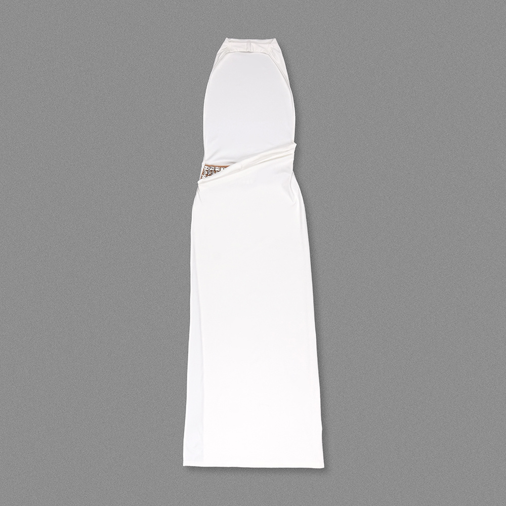 White Halter Backless Embellished Slit Maxi Gown