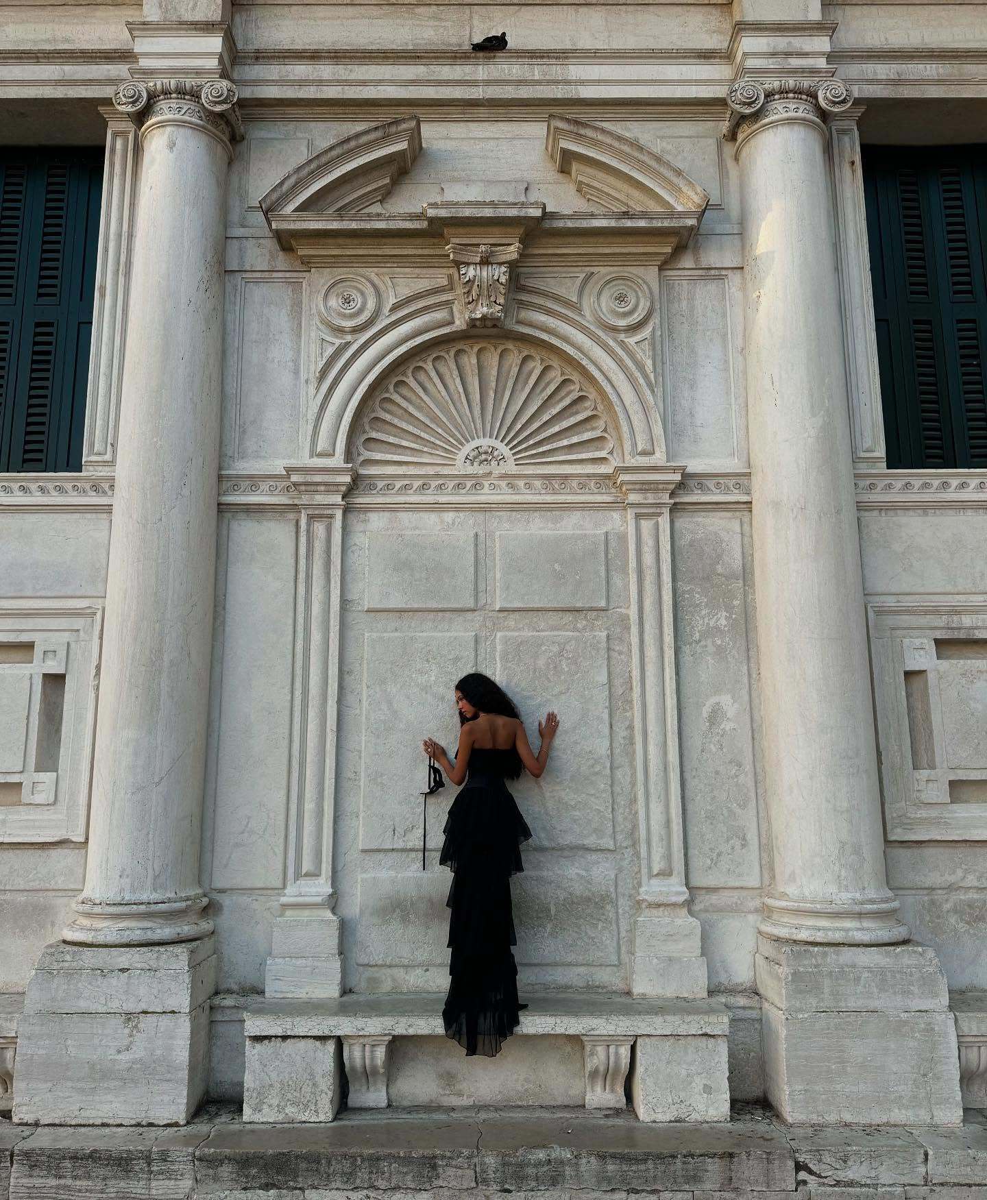 Vintage strapless satin corset-style tiered dress