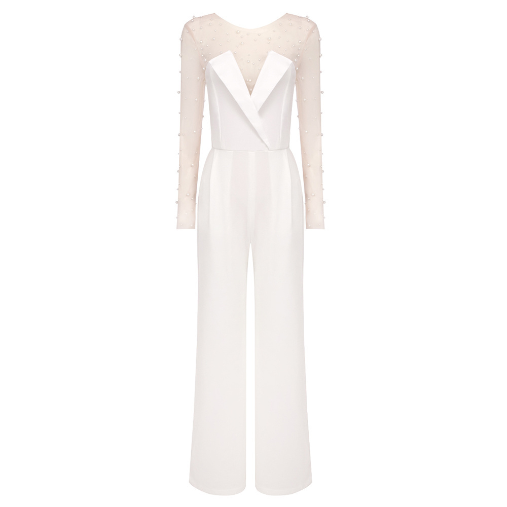 White Strapless Wide-Leg Jumpsuit with Pearl-Embellished Mesh Bodysuit Set