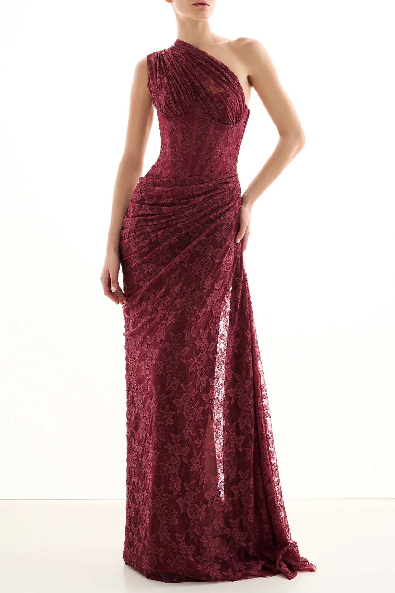 Burgundy One-Shoulder Lace Evening Gown