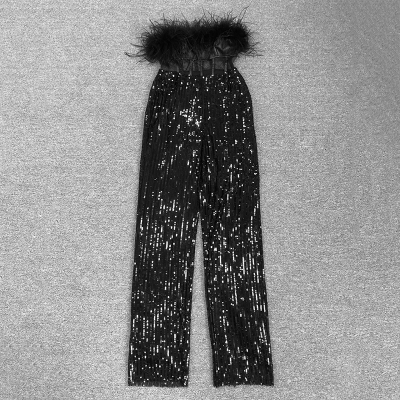 Black Feather-Trimmed Corset Top & Sequin Wide-Leg Pants Set with Crystal Belt