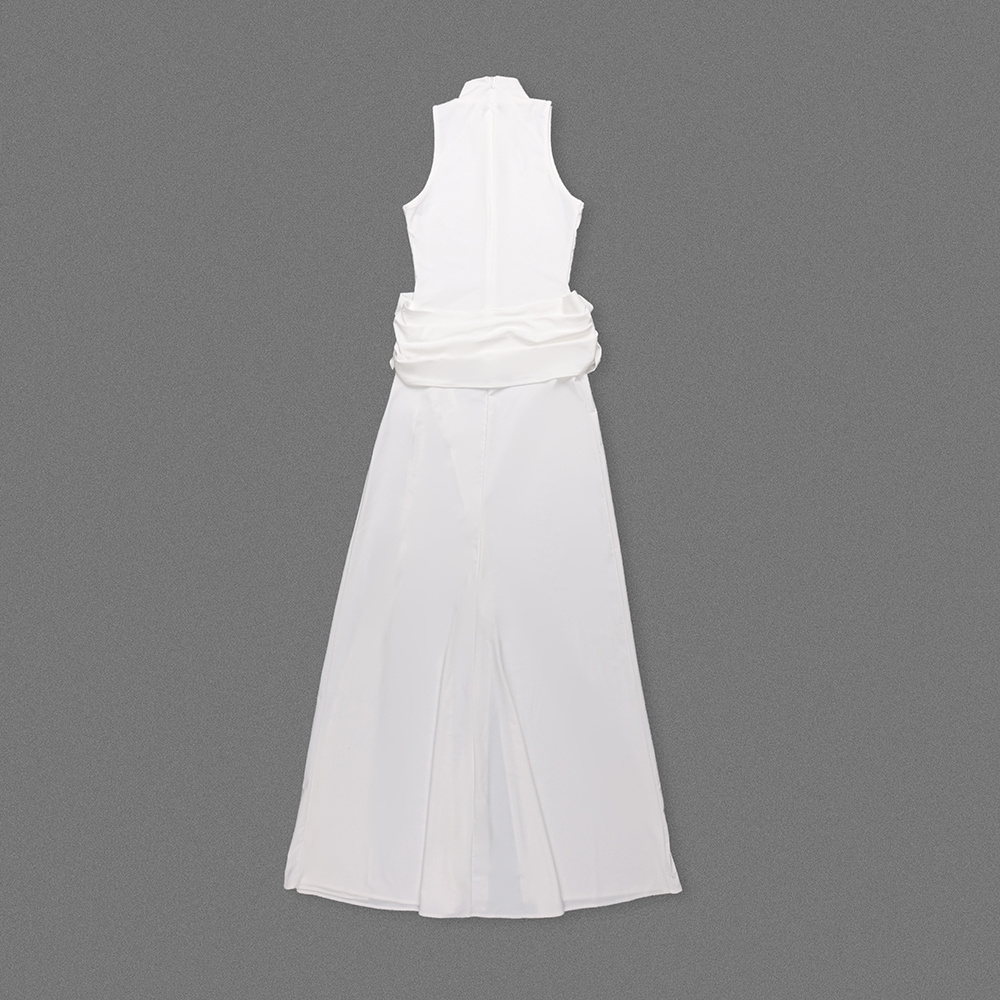 White Halter Neck Draped Waist Train Gown