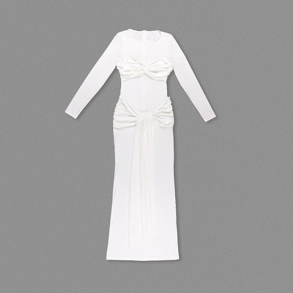 Long-Sleeve Ruched Bow Gown