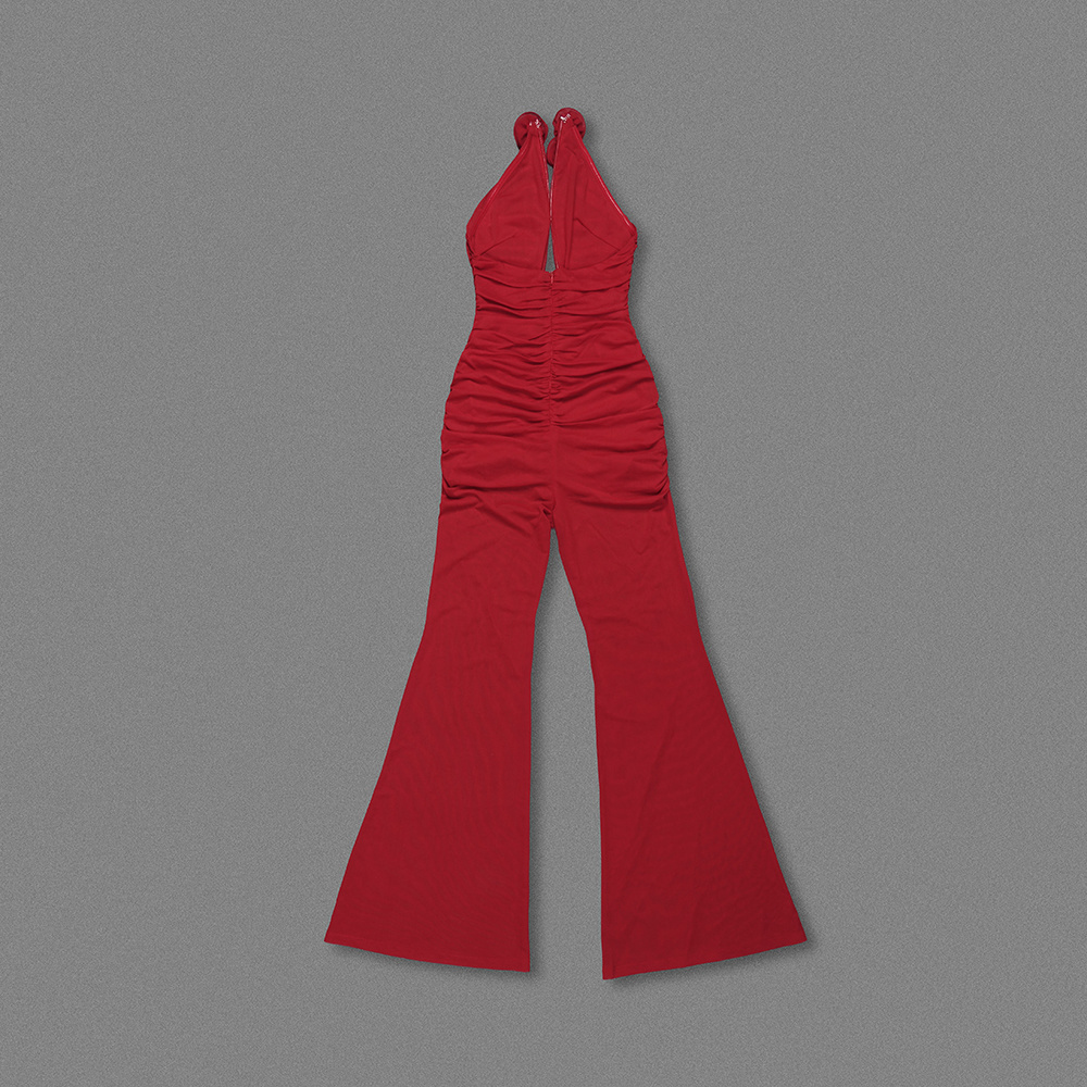 Ruched Cutout Halter Jumpsuit with 3D Rose Embellishment & Sheer Wide-Leg Pants