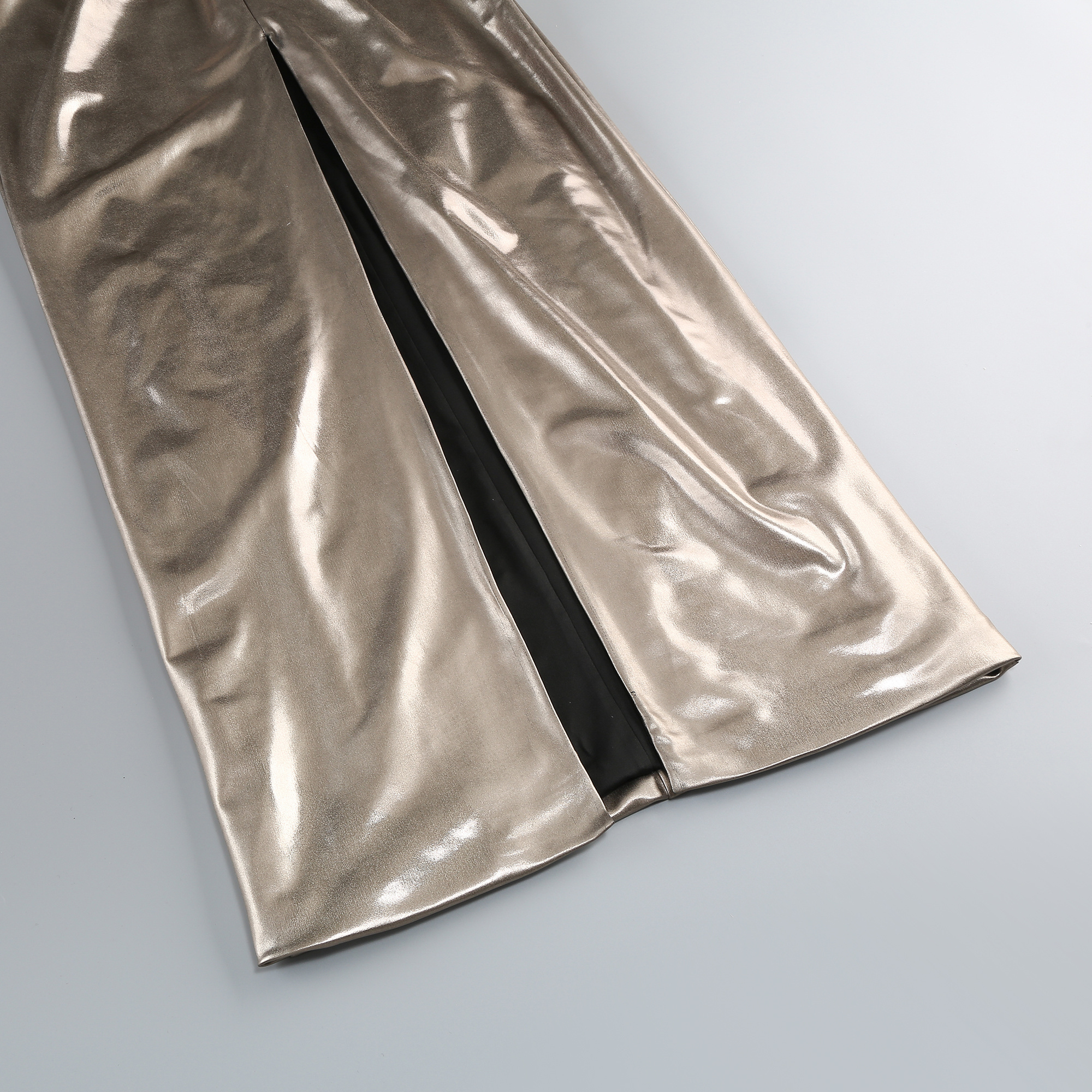 Metallic Champagne Gold Halter Backless Twist-Ruched Mermaid Gown