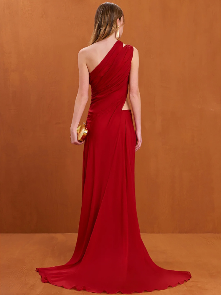 Crimson One-Shoulder Cut-Out Gown