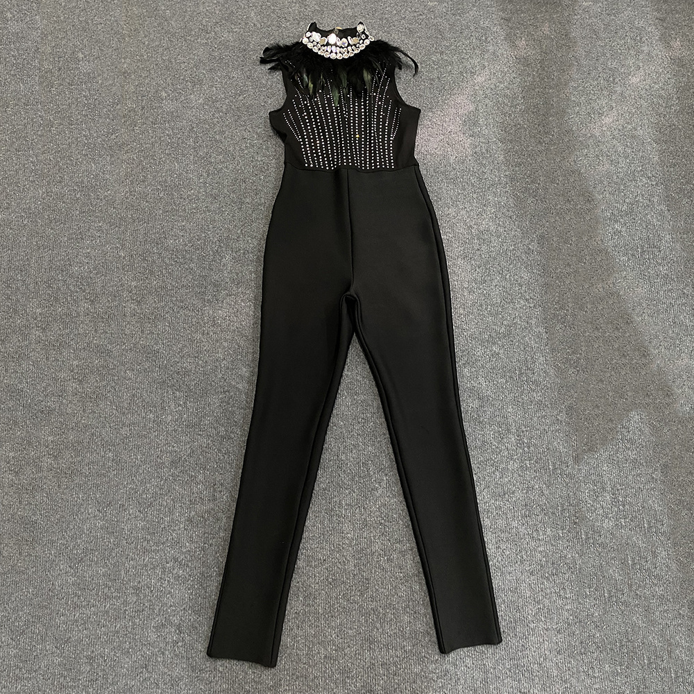 Black Crystal Choker & Feather-Trimmed Mesh Skinny Jumpsuit